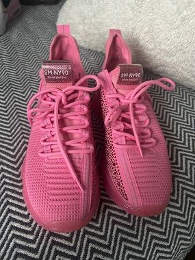 Steve Madden Pink Knit Lace-Up Sneakers with Rhinestone Accent
